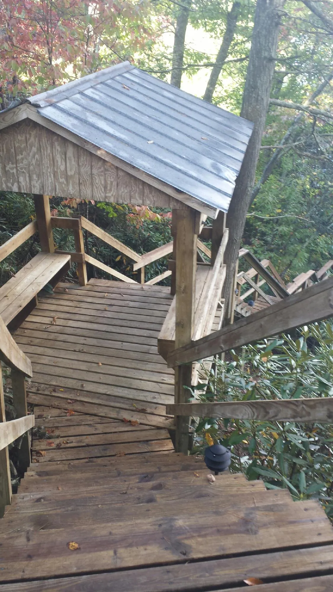 Metal roofed shelter over wooden steps on a wooded walkway — Skylight Repair & Installation work by our crew in Melissa
